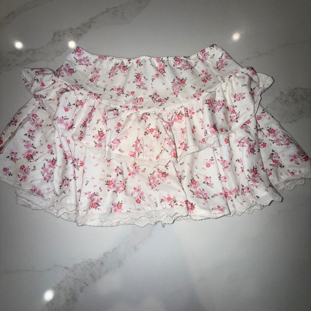 RSQ Floral Ruffle Skort Large Pink Cream Eyelet Lace Tiered Mini Skirt